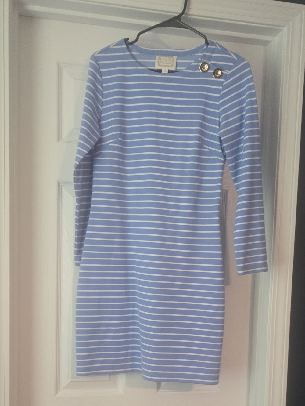 Sail to Sable Blue and White Striped Long Sleeve Shift Dress with Gold Buttons